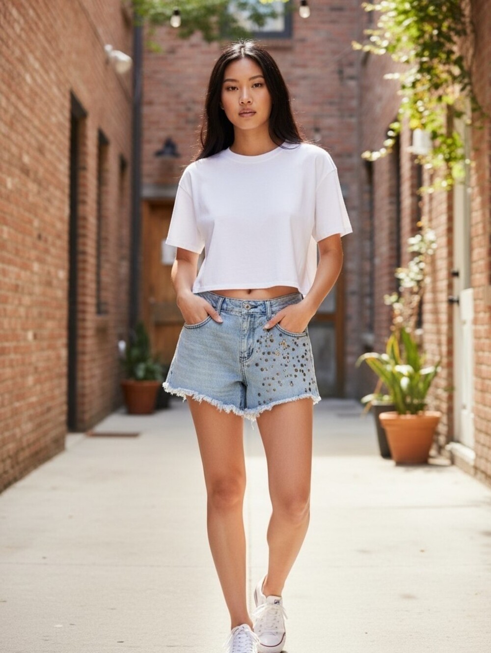 Free People Vintage Blue/Grey Wash Studded Denim Shorts - Women Size 30